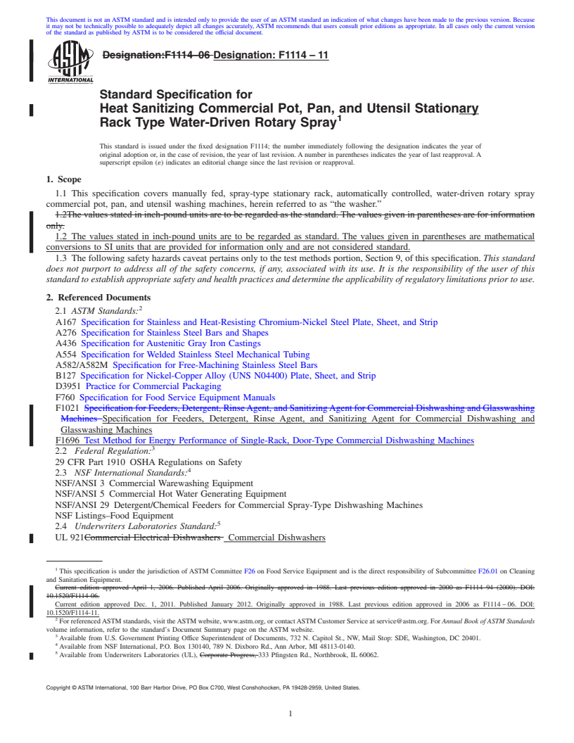 REDLINE ASTM F1114-11 - Standard Specification for Heat Sanitizing Commercial Pot, Pan, and Utensil Stationary Rack Type Water-Driven Rotary Spray