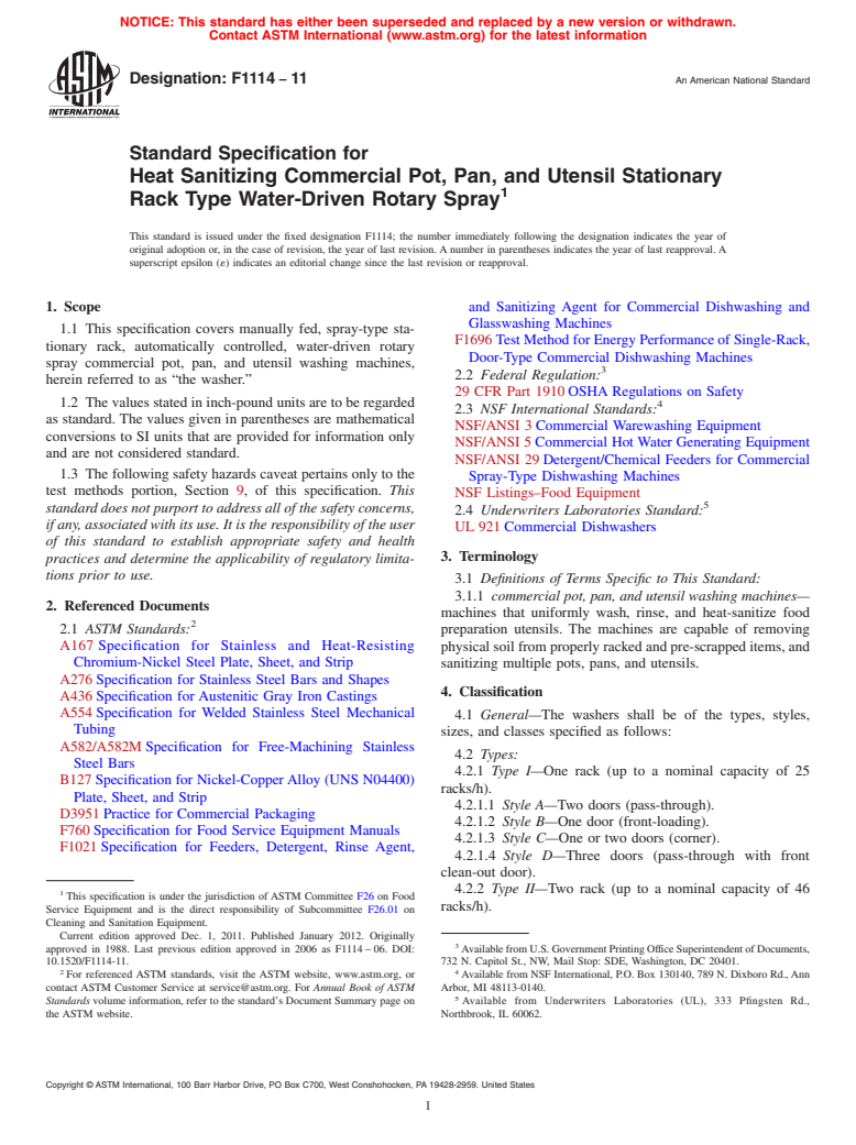 ASTM F1114-11 - Standard Specification for Heat Sanitizing Commercial Pot, Pan, and Utensil Stationary Rack Type Water-Driven Rotary Spray