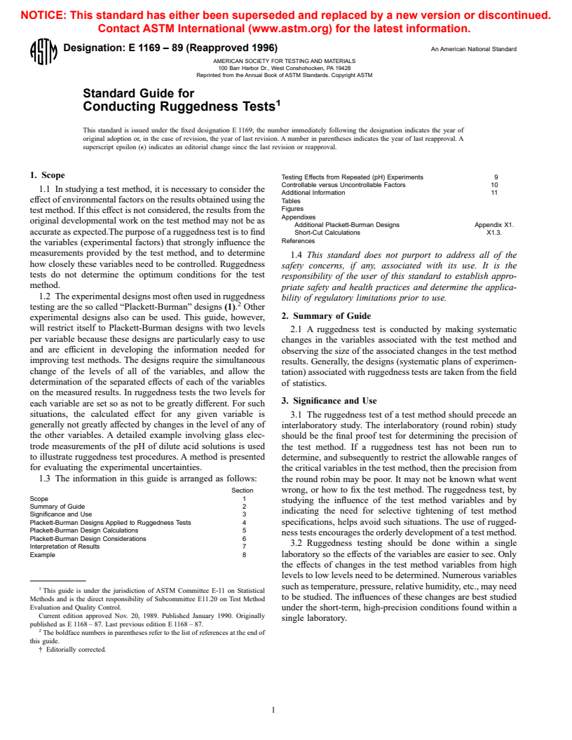 ASTM E1169-89(1996) - Standard Guide for Conducting Ruggedness Tests