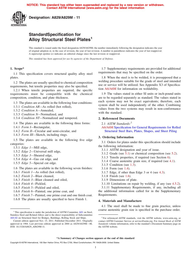 ASTM A829/A829M-11 - Standard Specification for  Alloy Structural Steel Plates