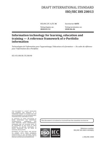 ISO/IEC PRF 20013:Version 25-apr-2020 - Information technology for learning, education and training -- Reference framework of e-Portfolio information