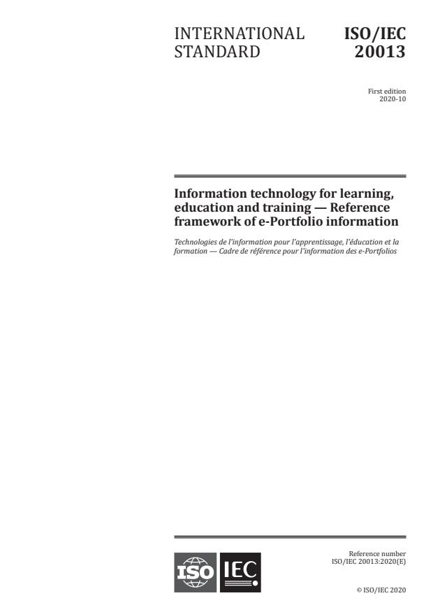 ISO/IEC 20013:2020 - Information technology for learning, education and training -- Reference framework of e-Portfolio information