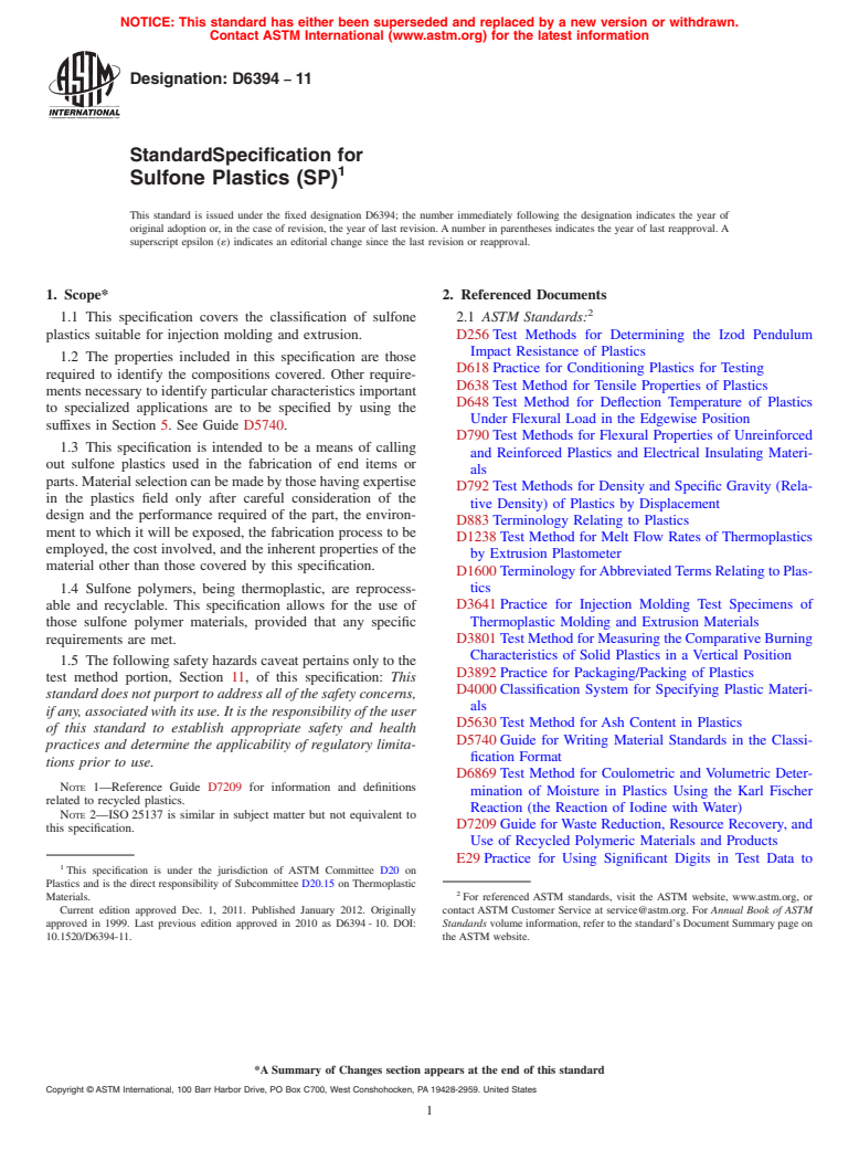 ASTM D6394-11 - Standard Specification for  Sulfone Plastics (SP)