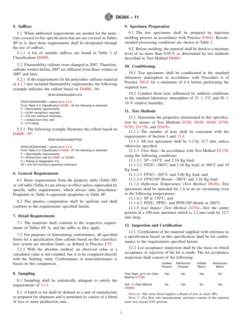 ASTM D6394-11 - Standard Specification for  Sulfone Plastics (SP)