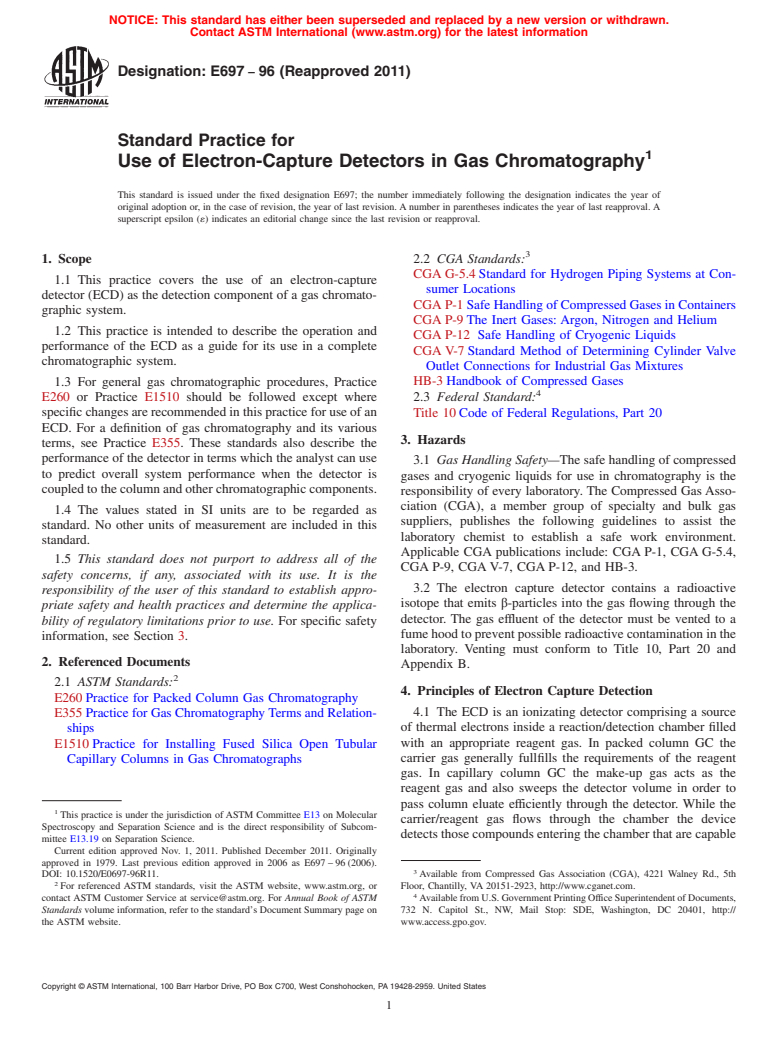 ASTM E697-96(2011) - Standard Practice for Use of Electron-Capture Detectors in Gas Chromatography