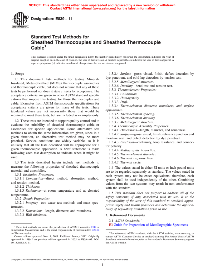 ASTM E839-11 - Standard Test Methods for Sheathed Thermocouples and Sheathed Thermocouple Cable