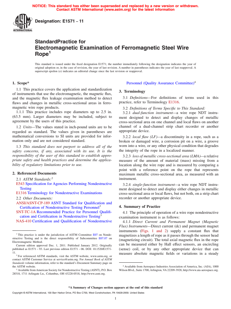 ASTM E1571-11 - Standard Practice for  Electromagnetic Examination of Ferromagnetic Steel Wire Rope