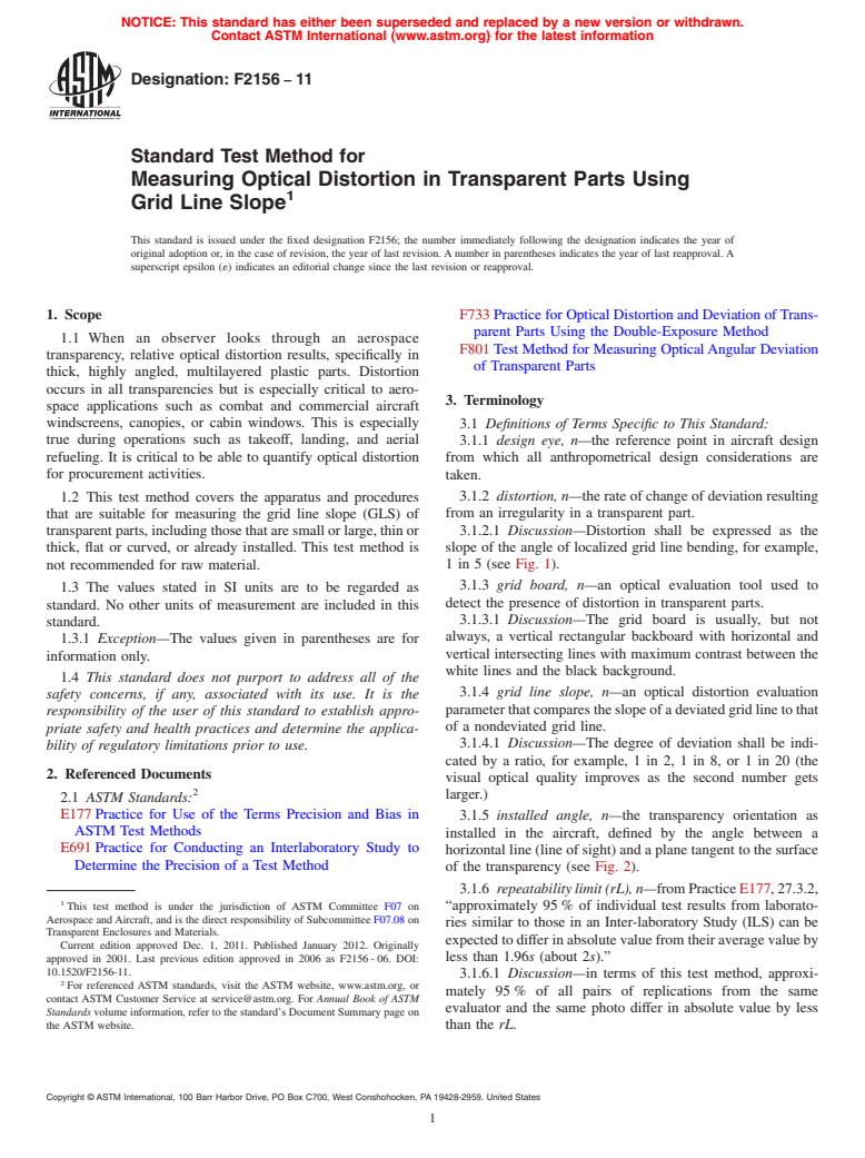 ASTM F2156-11 - Standard Test Method for Measuring Optical Distortion in Transparent Parts Using Grid Line Slope