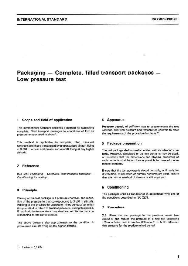ISO 2873:1985 - Packaging -- Complete, filled transport packages -- Low pressure test
