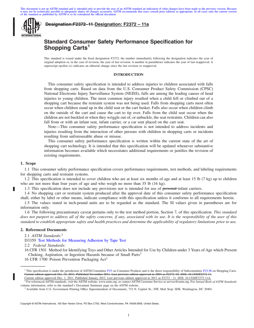 REDLINE ASTM F2372-11a - Standard Consumer Safety Performance Specification for Shopping Carts