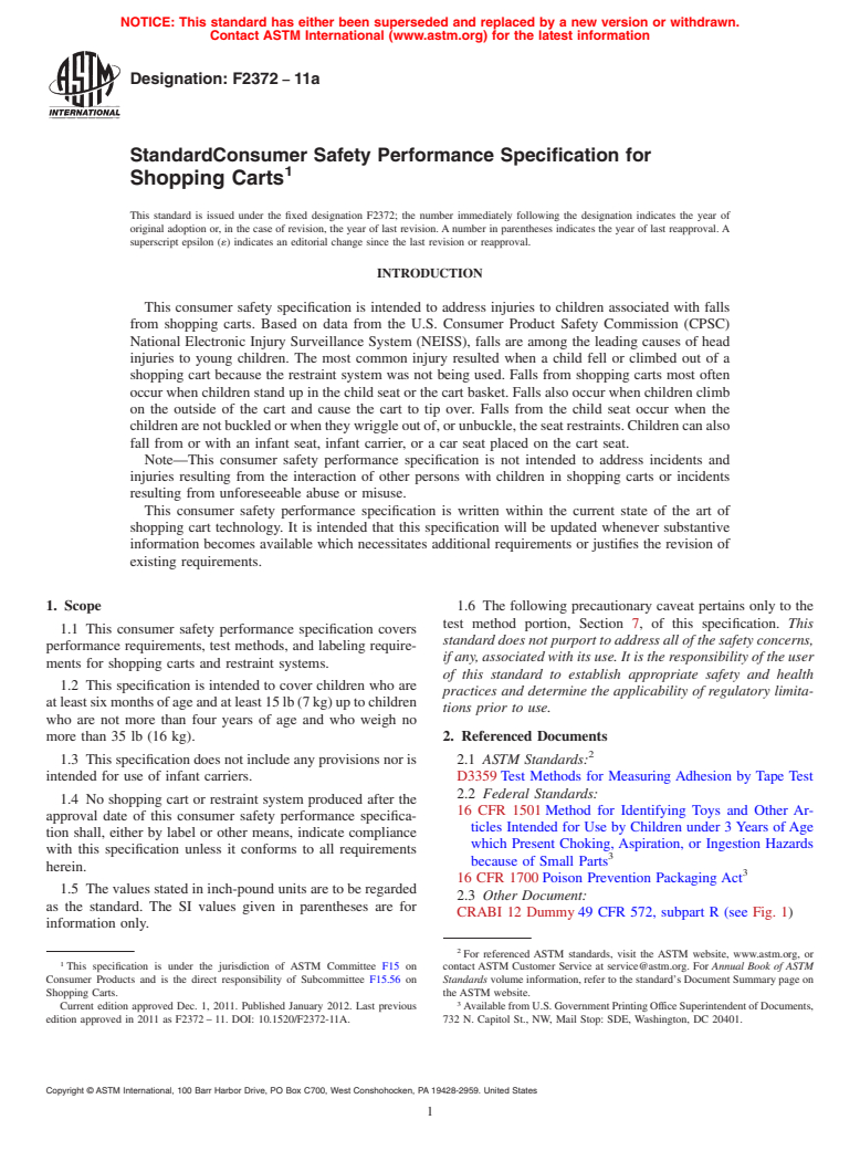 ASTM F2372-11a - Standard Consumer Safety Performance Specification for Shopping Carts