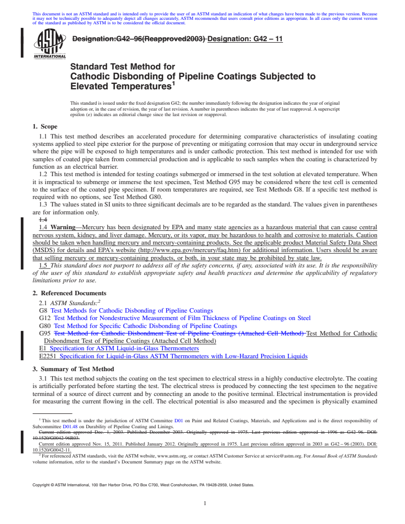 REDLINE ASTM G42-11 - Standard Test Method for  Cathodic Disbonding of Pipeline Coatings Subjected to Elevated Temperatures