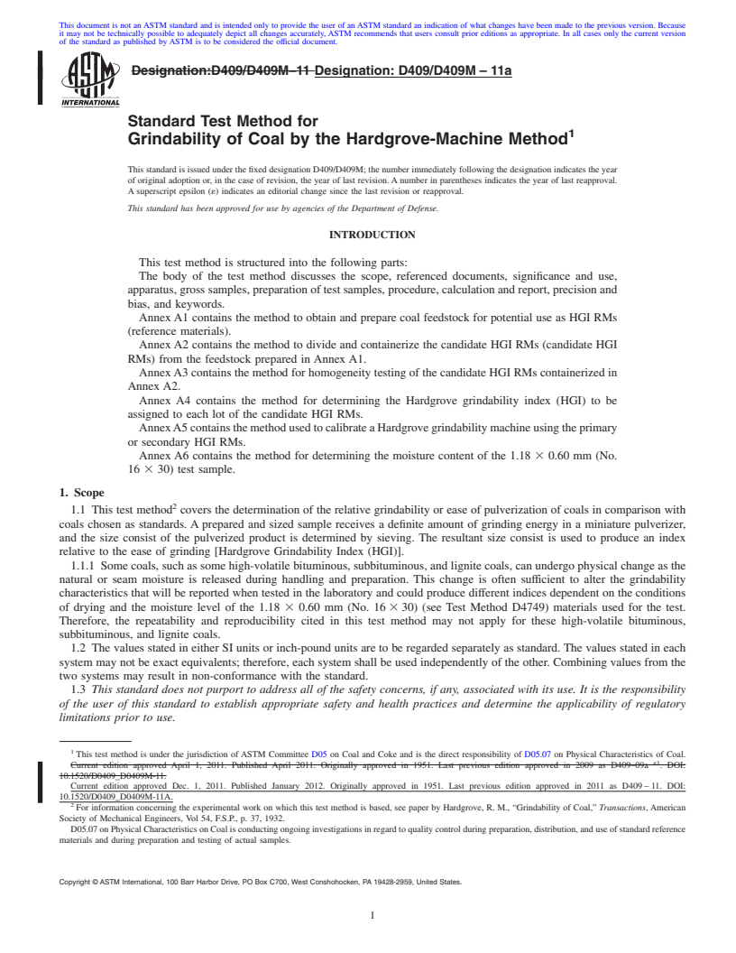 REDLINE ASTM D409/D409M-11a - Standard Test Method for Grindability of Coal by the Hardgrove-Machine Method