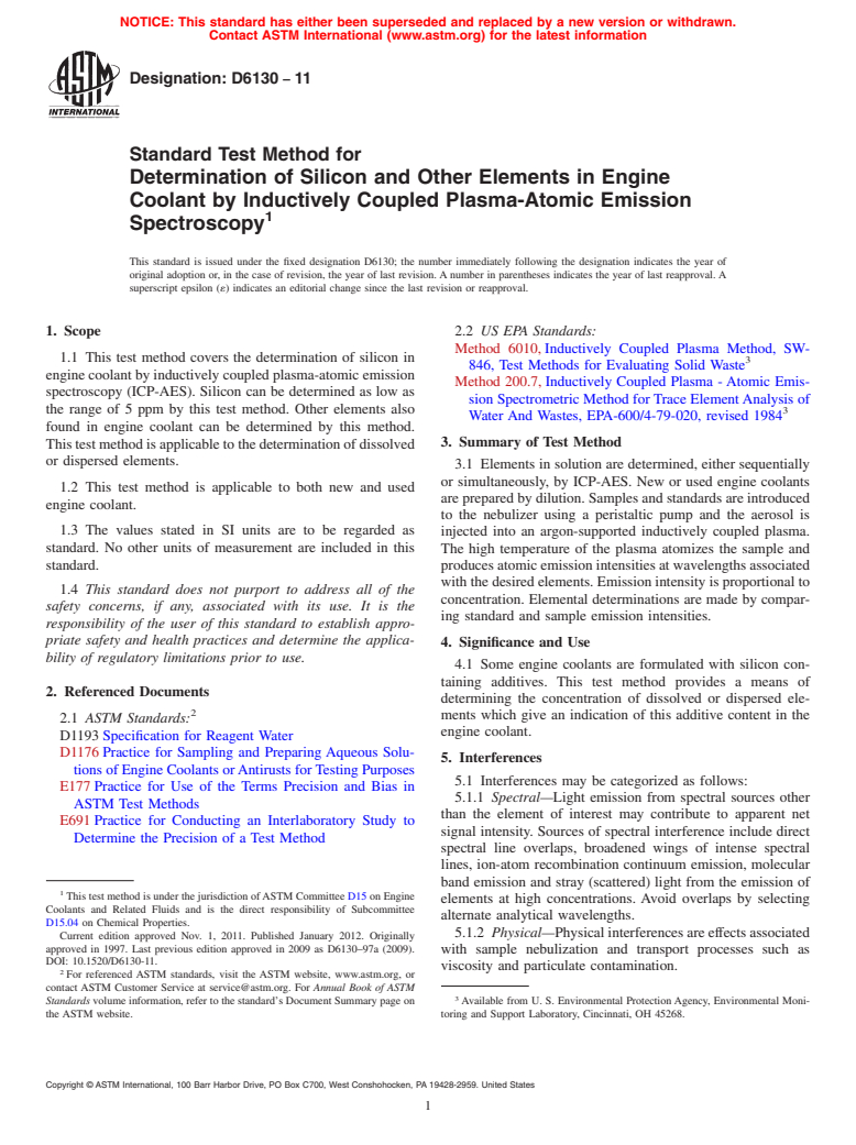 ASTM D6130-11 - Standard Test Method for Determination of Silicon and Other Elements in Engine Coolant by Inductively Coupled Plasma-Atomic Emission Spectroscopy