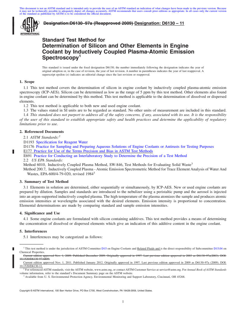 REDLINE ASTM D6130-11 - Standard Test Method for Determination of Silicon and Other Elements in Engine Coolant by Inductively Coupled Plasma-Atomic Emission Spectroscopy