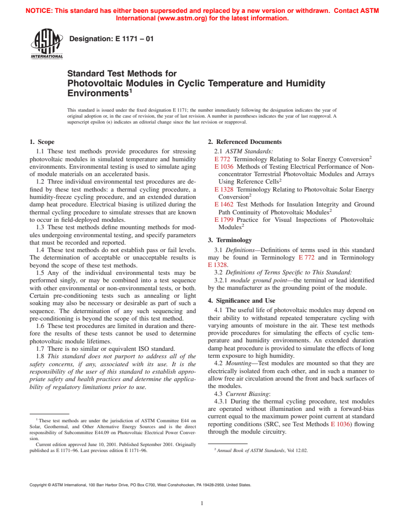 ASTM E1171-01 - Standard Test Method for Photovoltaic Modules in Cyclic Temperature and Humidity Environments