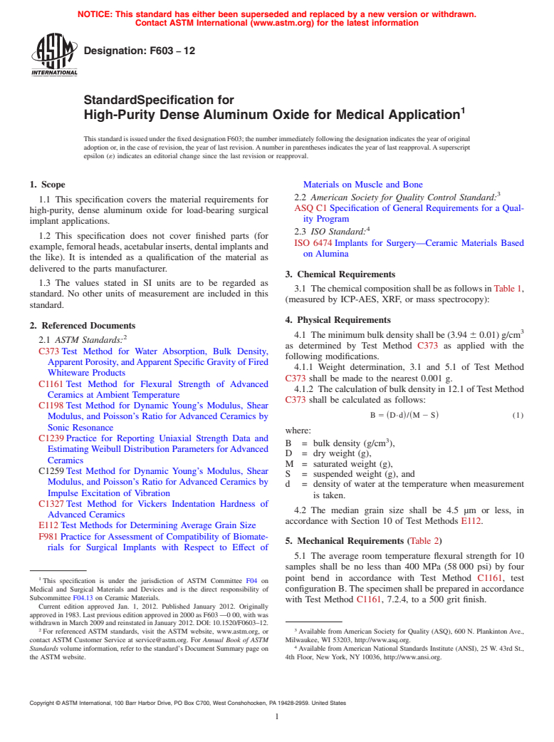 ASTM F603-12 - Standard Specification for  High-Purity Dense Aluminum Oxide for Medical Application