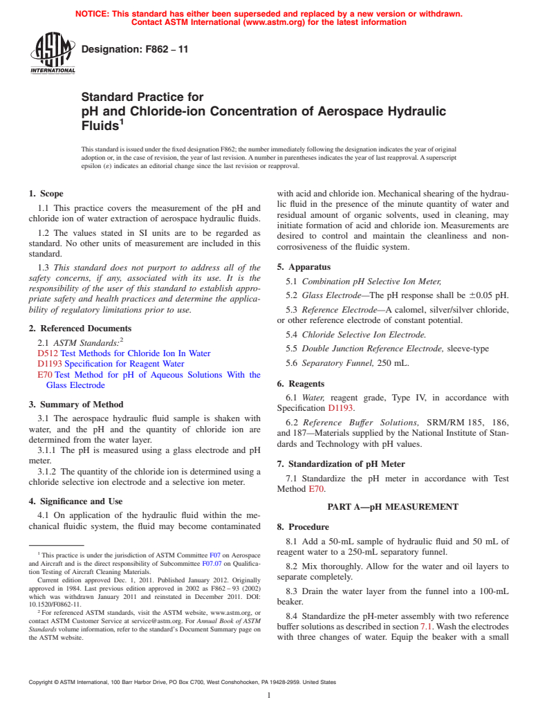 ASTM F862-11 - Standard Practice for  pH and Chloride-ion Concentration of Aerospace Hydraulic Fluids