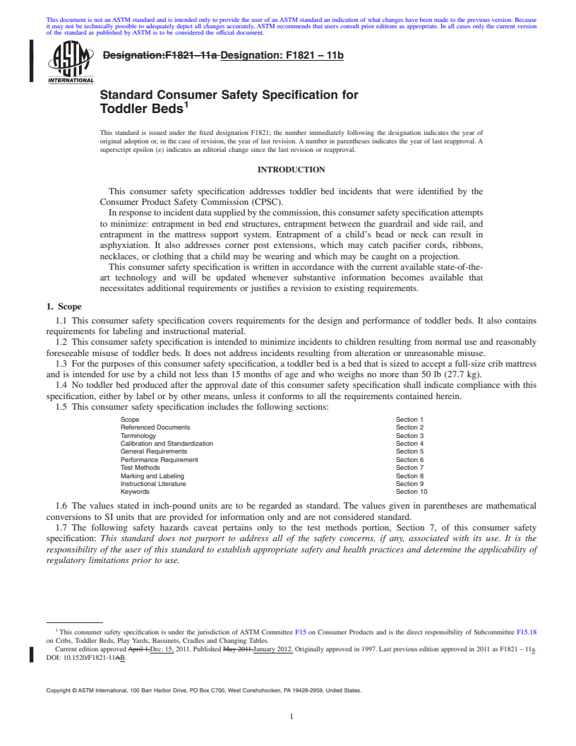 REDLINE ASTM F1821-11b - Standard Consumer Safety Specification for  Toddler Beds