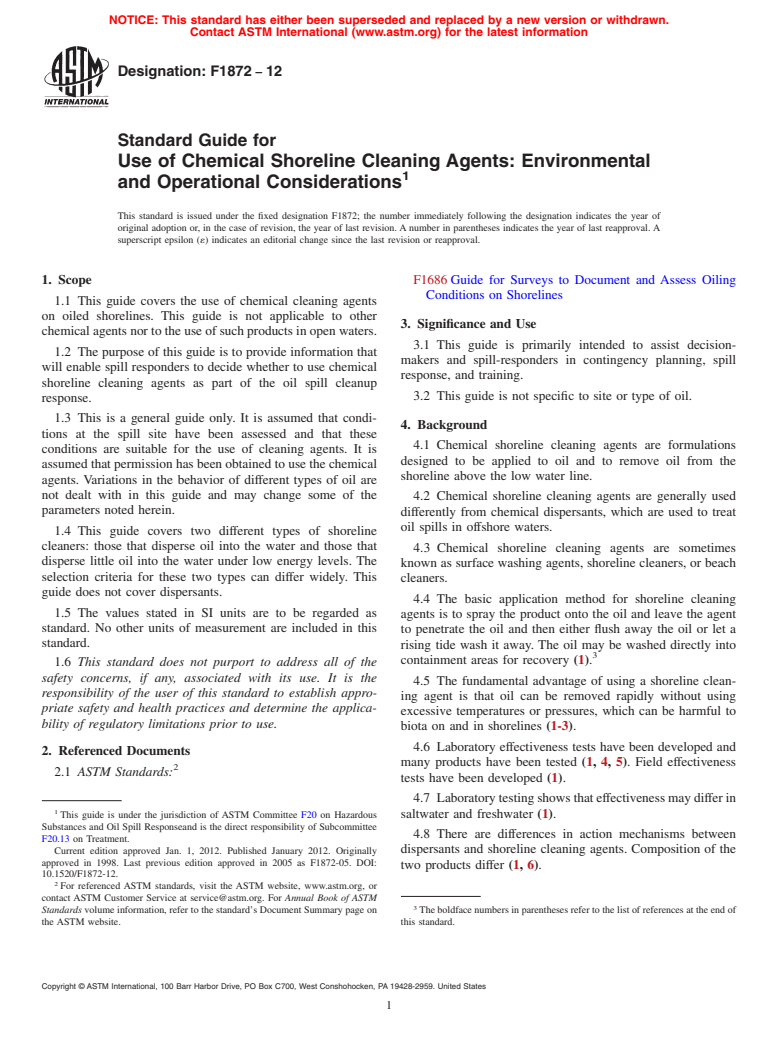 ASTM F1872-12 - Standard Guide for Use of Chemical Shoreline Cleaning Agents: Environmental and Operational Considerations