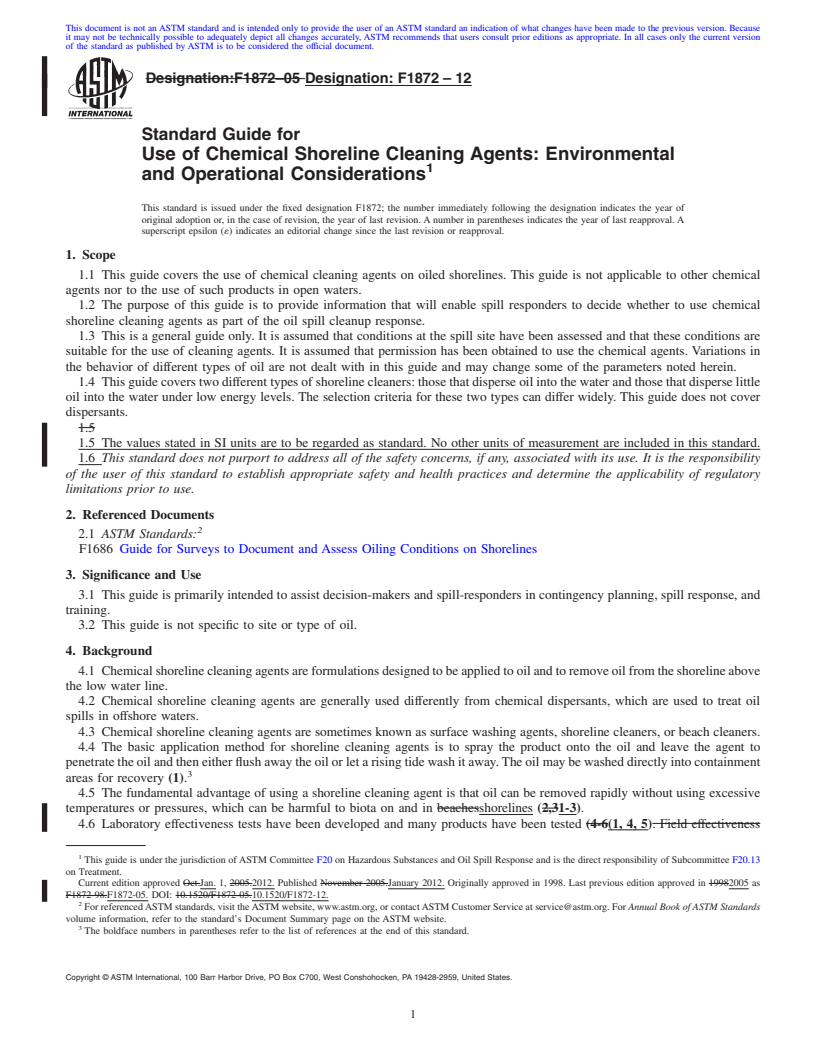 REDLINE ASTM F1872-12 - Standard Guide for Use of Chemical Shoreline Cleaning Agents: Environmental and Operational Considerations