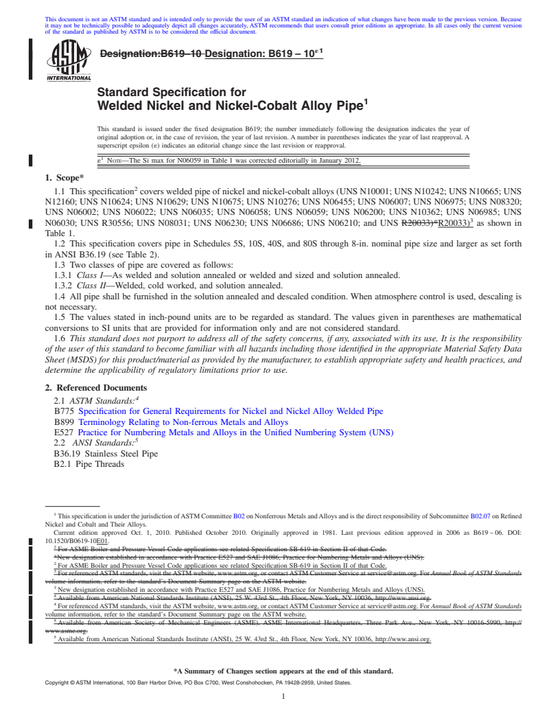 REDLINE ASTM B619-10e1 - Standard Specification for Welded Nickel and Nickel-Cobalt Alloy Pipe