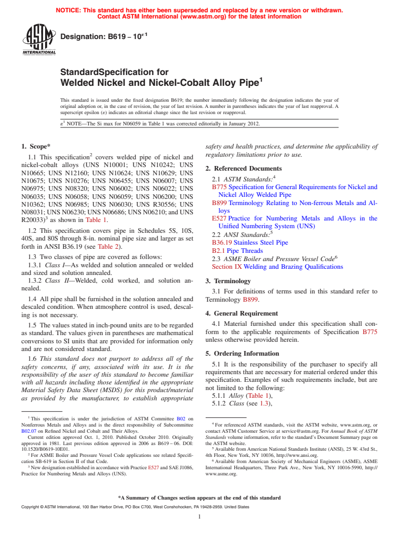 ASTM B619-10e1 - Standard Specification for Welded Nickel and Nickel-Cobalt Alloy Pipe