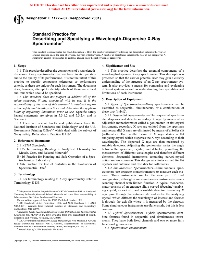 ASTM E1172-87(2001) - Standard Practice for Describing and Specifying a Wavelength-Dispersive X-Ray Spectrometer