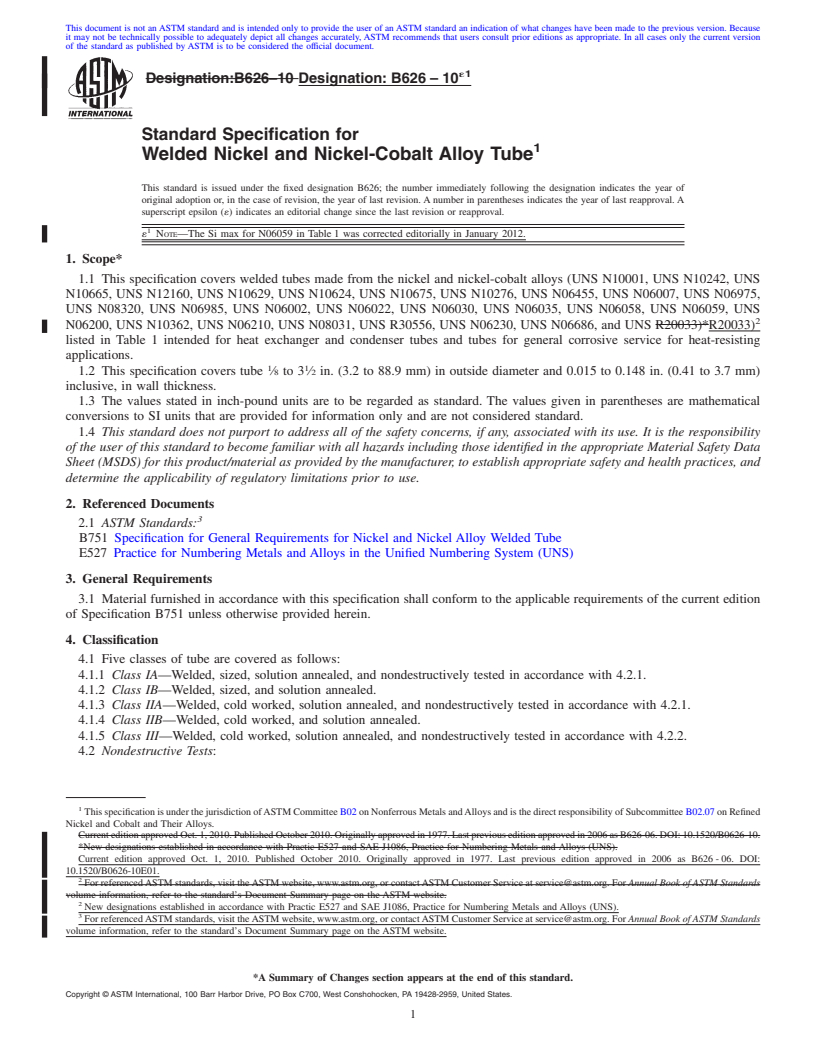 REDLINE ASTM B626-10e1 - Standard Specification for  Welded Nickel and Nickel-Cobalt Alloy Tube