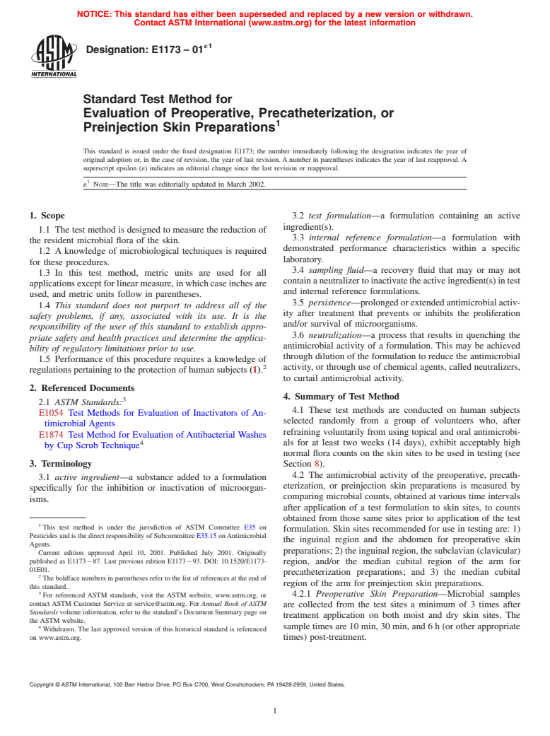 ASTM E1173-01e1 - Standard Test Method of a Evaluation of a Preoperative, Precatheterization, or Preinjection Skin Preparations