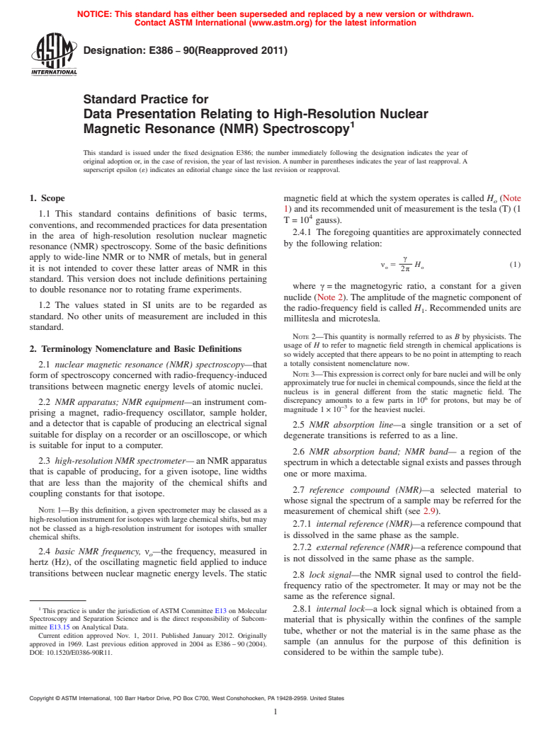 ASTM E386-90(2011) - Standard Practice for Data Presentation Relating to High-Resolution Nuclear Magnetic Resonance (NMR) Spectroscopy (Withdrawn 2015)