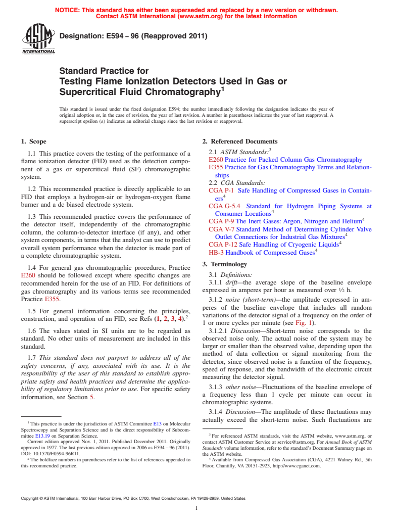 ASTM E594-96(2011) - Standard Practice for  Testing Flame Ionization Detectors Used in Gas or Supercritical Fluid Chromatography