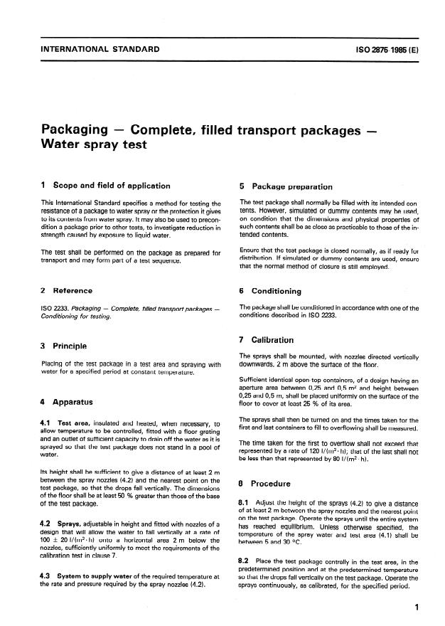 ISO 2875:1985 - Packaging -- Complete, filled transport packages -- Water spray test