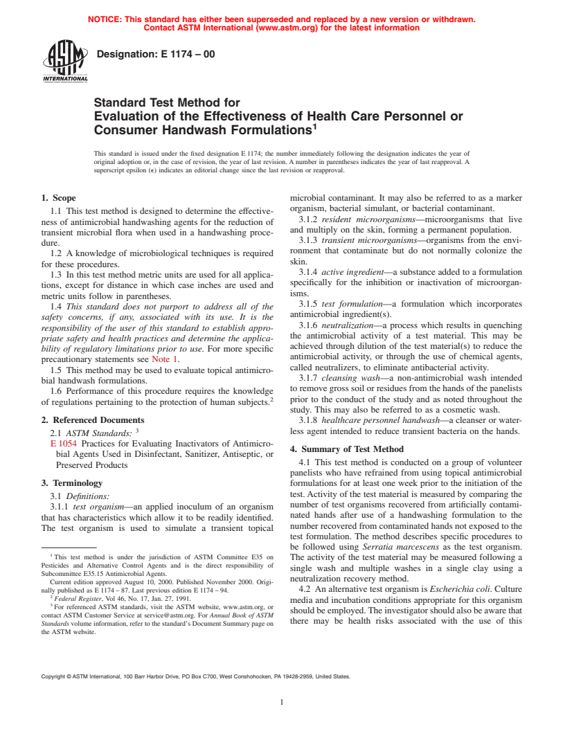 ASTM E1174-00 - Standard Test Method for Evaluation of the Effectiveness of Health Care Personnel or Consumer Handwash Formulations