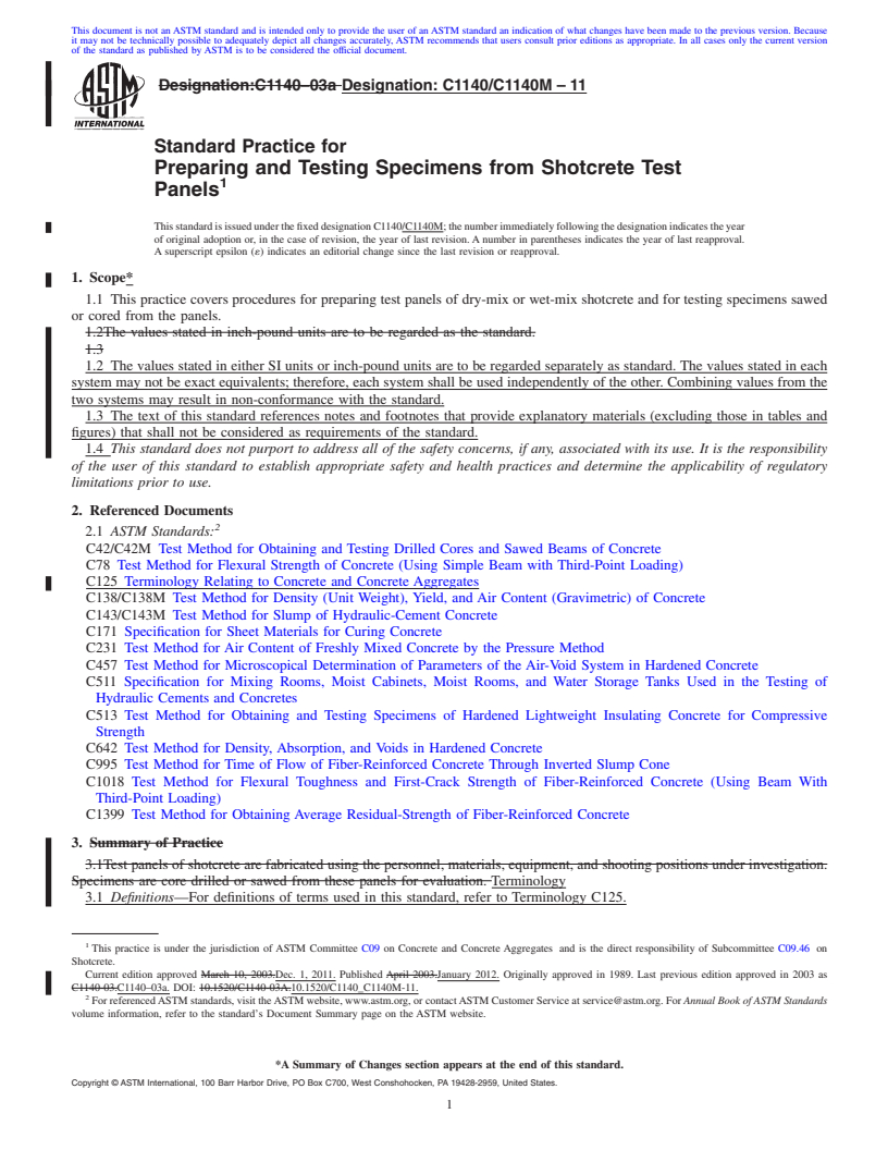 REDLINE ASTM C1140/C1140M-11 - Standard Practice for Preparing and Testing Specimens from Shotcrete Test Panels