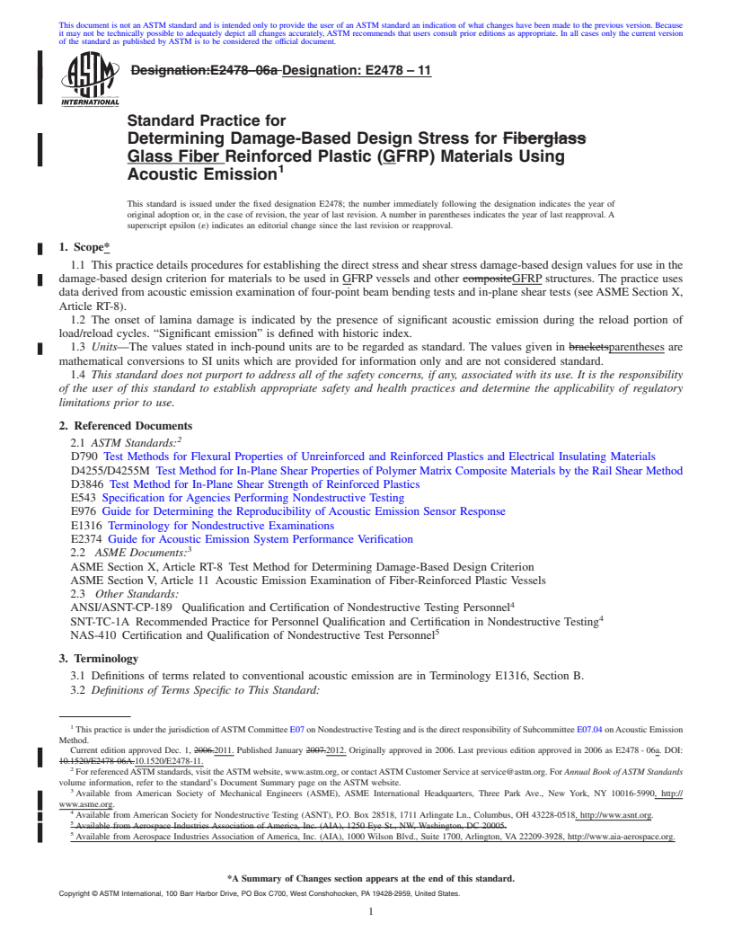 REDLINE ASTM E2478-11 - Standard Practice for Determining Damage-Based Design Stress for Glass Fiber Reinforced Plastic (GFRP) Materials Using Acoustic Emission