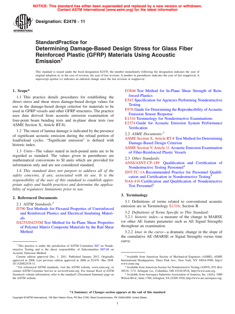 ASTM E2478-11 - Standard Practice for Determining Damage-Based Design Stress for Glass Fiber Reinforced Plastic (GFRP) Materials Using Acoustic Emission