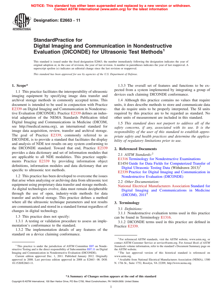 ASTM E2663-11 - Standard Practice for Digital Imaging and Communication in Nondestructive Evaluation (DICONDE) for Ultrasonic Test Methods