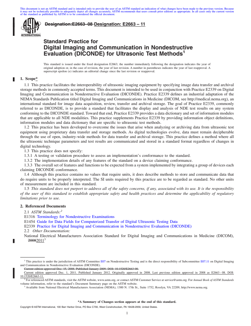 REDLINE ASTM E2663-11 - Standard Practice for Digital Imaging and Communication in Nondestructive Evaluation (DICONDE) for Ultrasonic Test Methods
