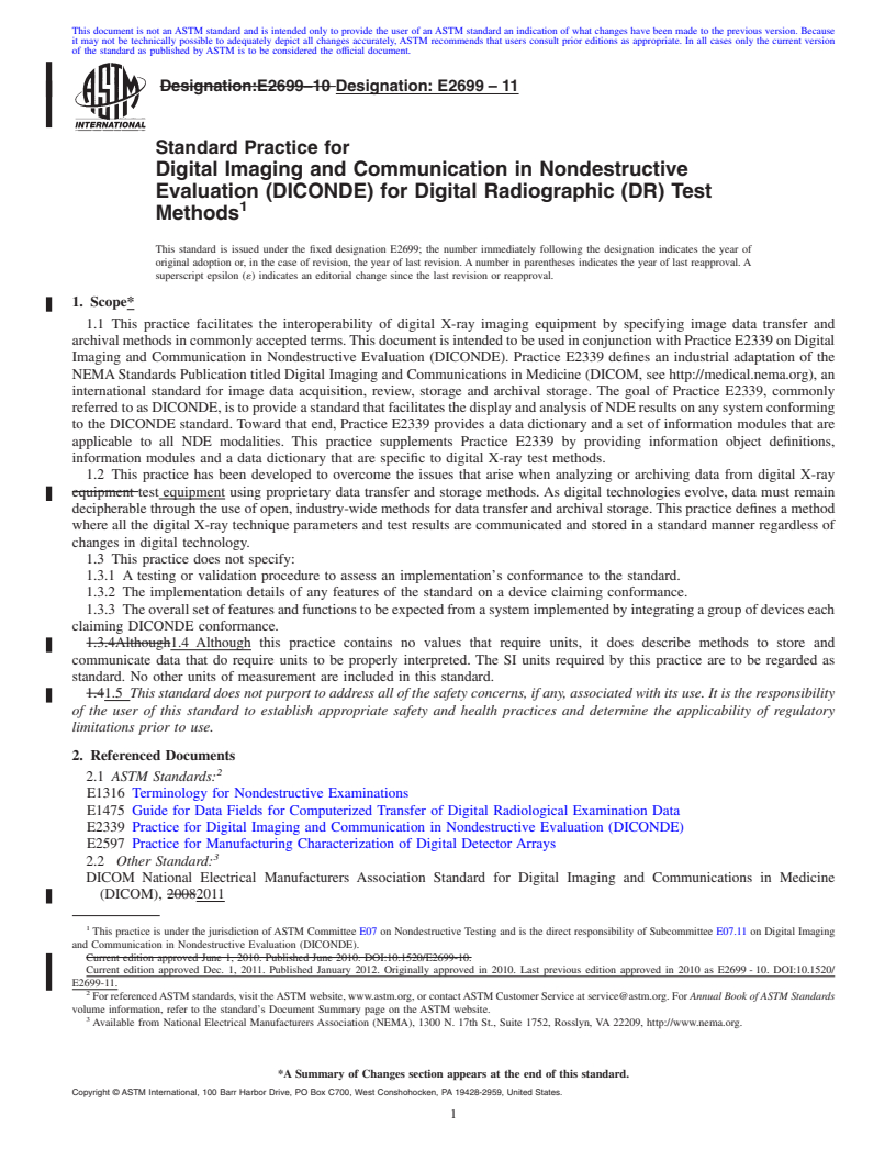 REDLINE ASTM E2699-11 - Standard Practice for Digital Imaging and Communication in Nondestructive Evaluation (DICONDE) for Digital Radiographic (DR) Test Methods