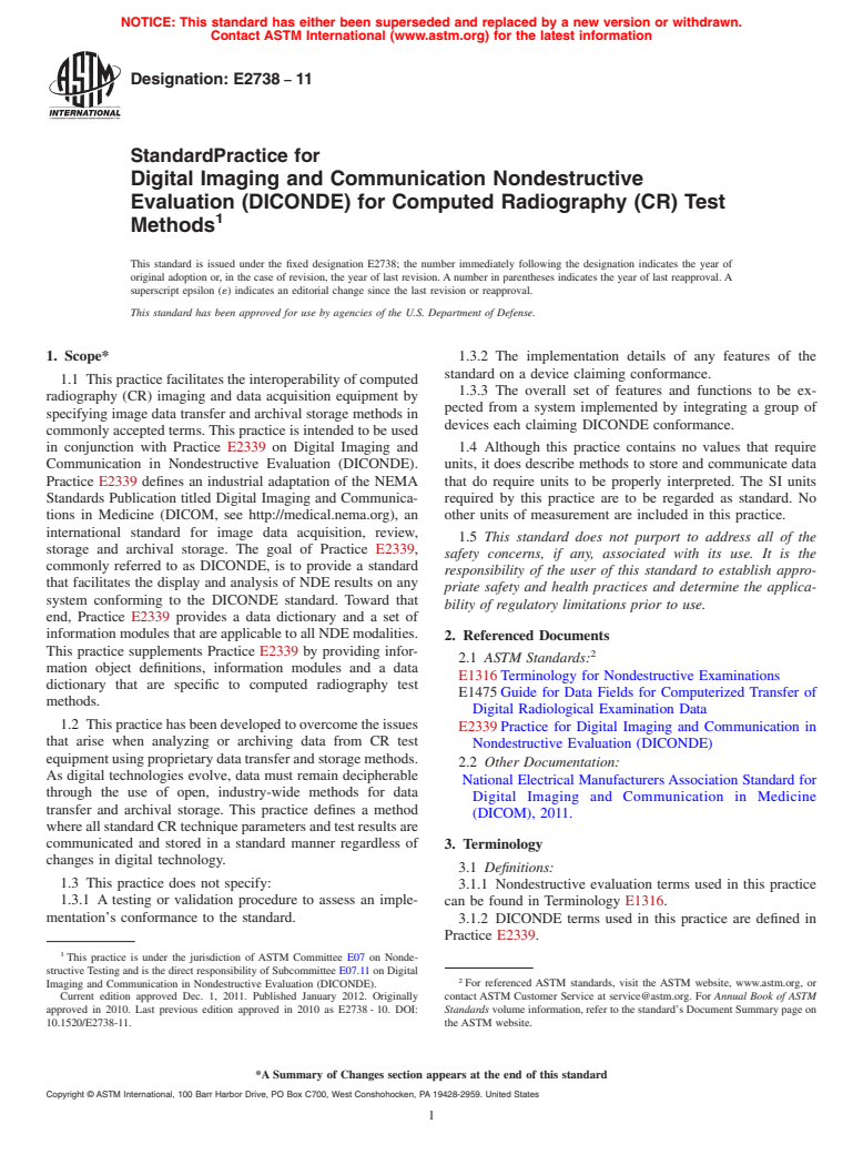 ASTM E2738-11 - Standard Practice for Digital Imaging and Communication Nondestructive Evaluation (DICONDE) for Computed Radiography (CR) Test Methods