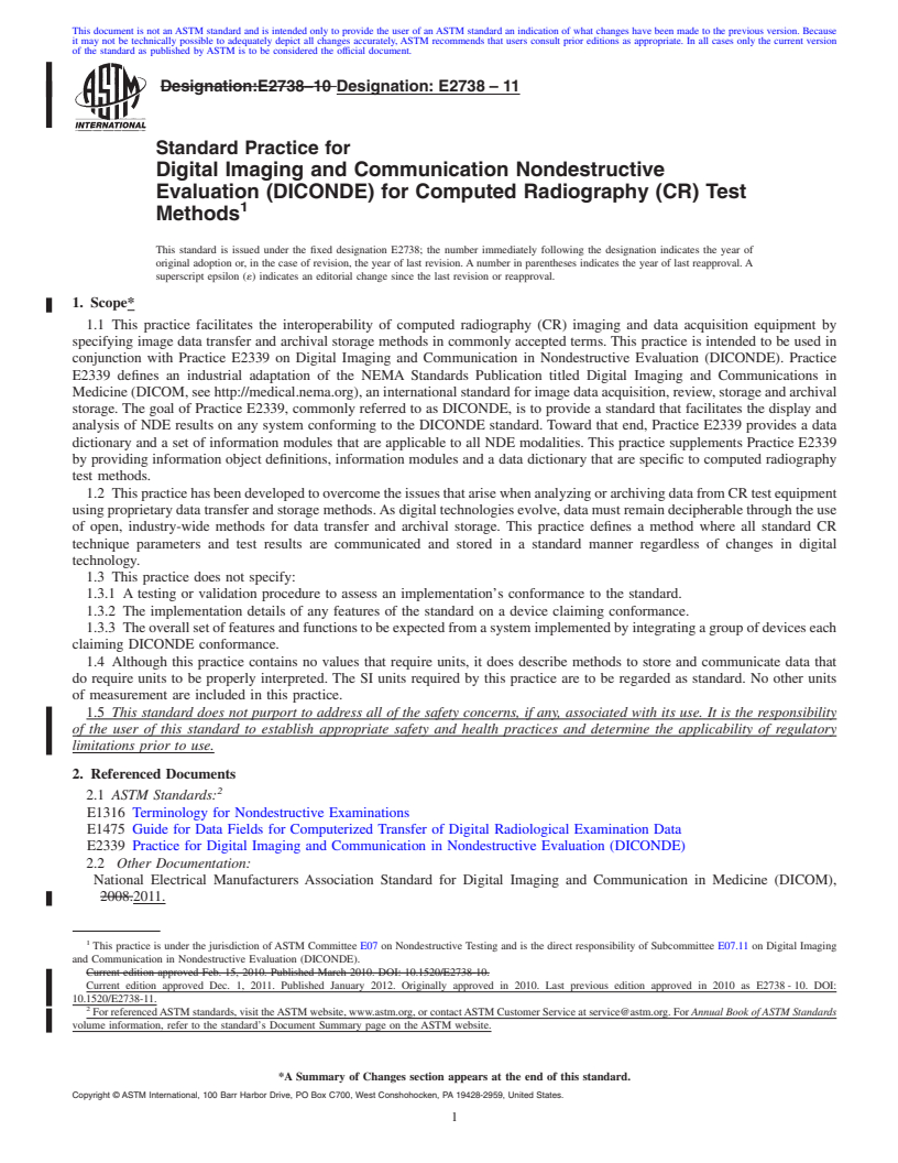 REDLINE ASTM E2738-11 - Standard Practice for Digital Imaging and Communication Nondestructive Evaluation (DICONDE) for Computed Radiography (CR) Test Methods