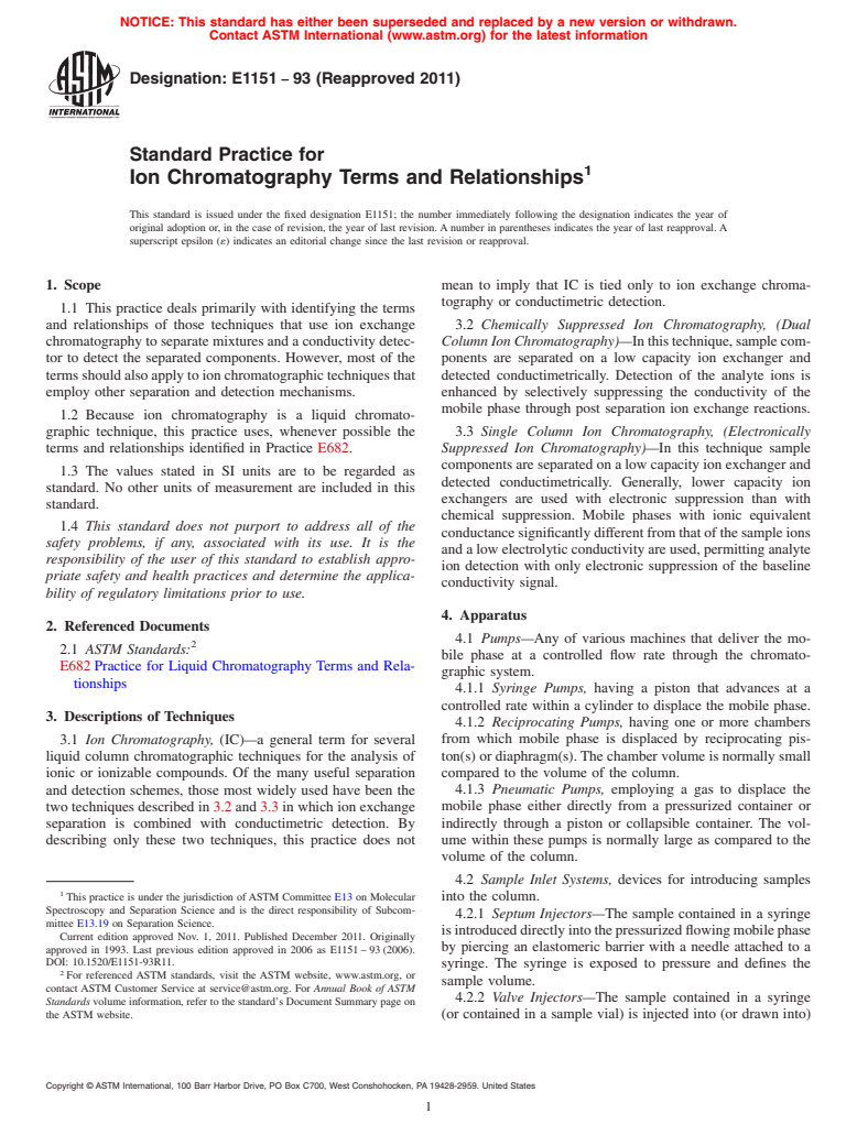 ASTM E1151-93(2011) - Standard Practice for  Ion Chromatography Terms and Relationships