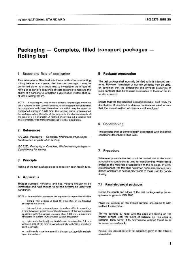 ISO 2876:1985 - Packaging -- Complete, filled transport packages -- Rolling test