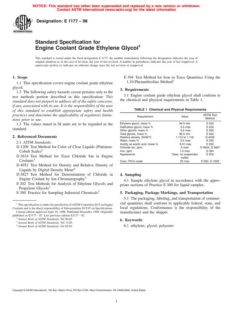 ASTM E1177-98 - Standard Specification for Engine Coolant Grade Ethylene Glycol