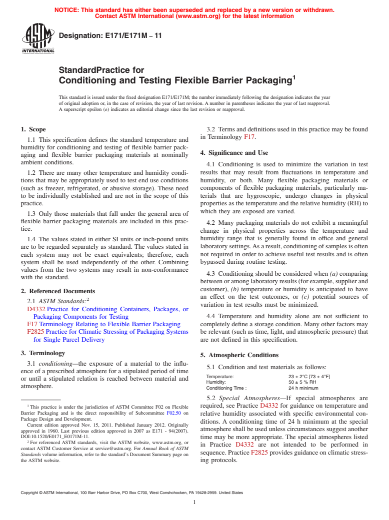 ASTM E171/E171M-11 - Standard Practice for Conditioning and Testing Flexible Barrier Packaging