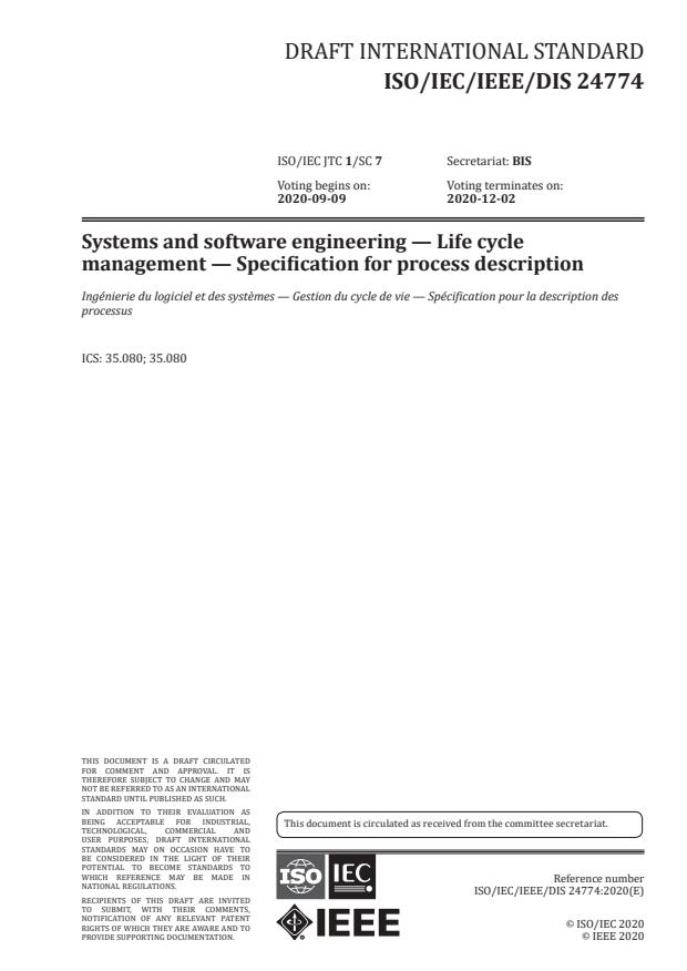 Iso Iec Ieee Dis 24774 Systems And Software Engineering Life Cycle Management Specification