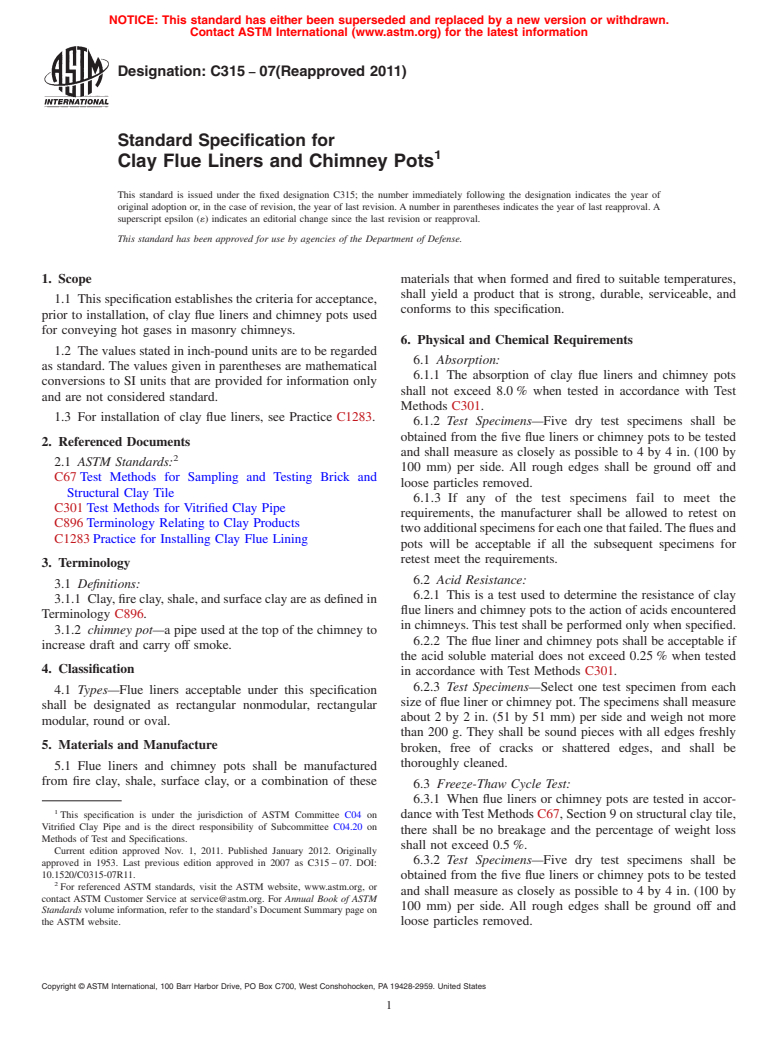 ASTM C315-07(2011) - Standard Specification for Clay Flue Liners and Chimney Pots