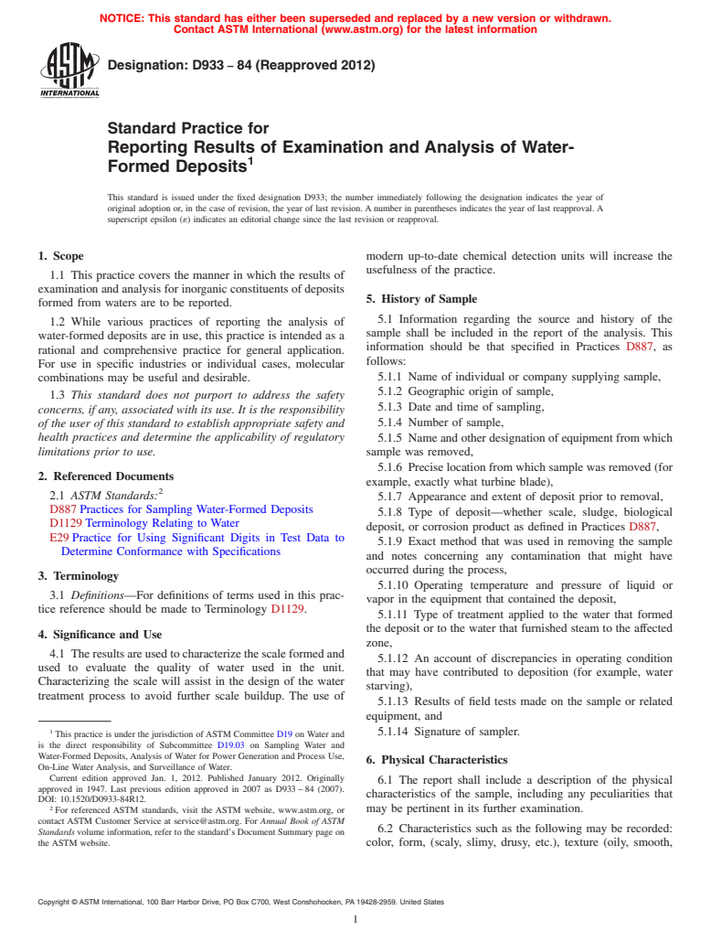 ASTM D933-84(2012) - Standard Practice for  Reporting Results of Examination and Analysis of Water-Formed Deposits