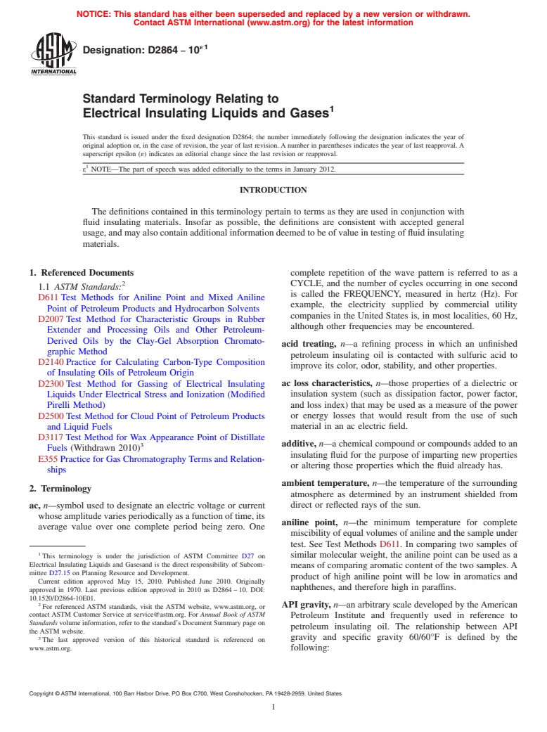 ASTM D2864-10e1 - Standard Terminology Relating to  Electrical Insulating Liquids and Gases
